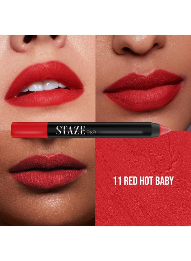 Staze 9to9 Pout On Matte + Smudgeproof Lip Crayon | Non-Drying, Transferproof & Sharpenable| Pigmented Matte Finish | 12-Hour Stay | Lightweight | 11 Red Hot Baby | 3.5 g - Image 2